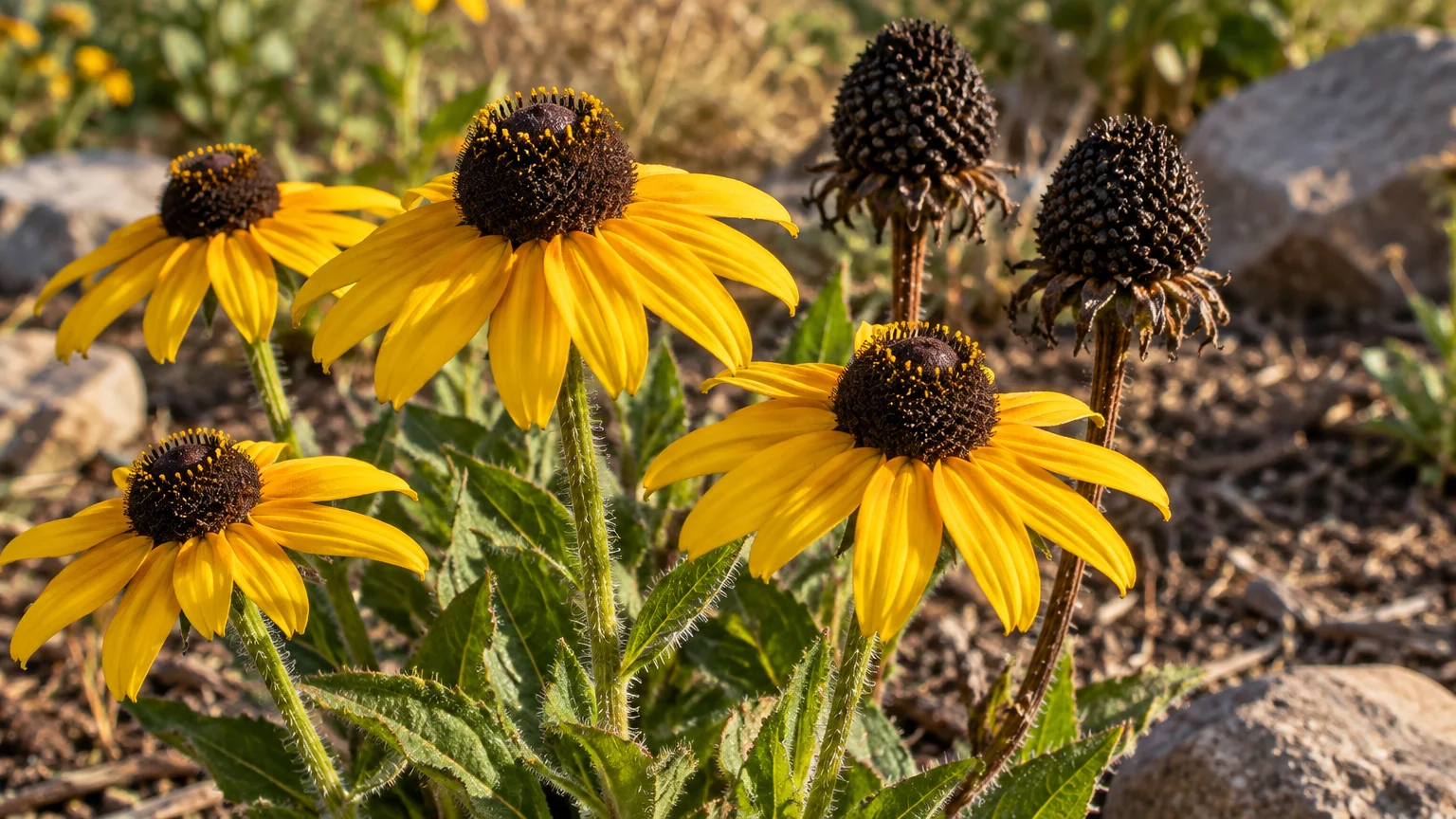 Blooming yellow black-eyed Susan flowers alongside dried, dark seed heads in a garden bed.
