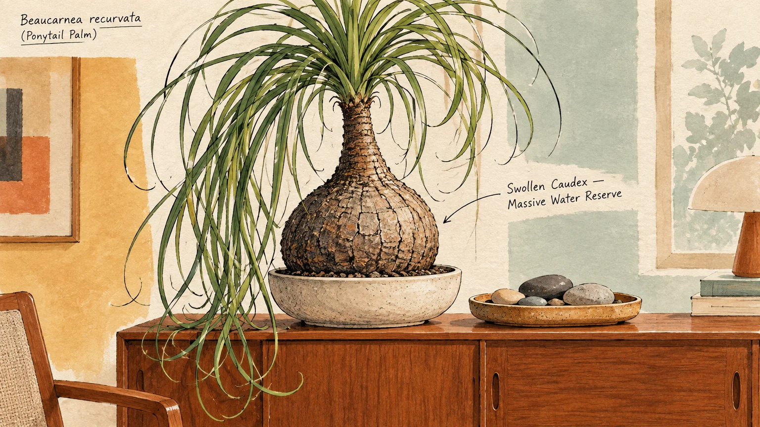 Illustration of a potted ponytail palm with a large rounded caudex sitting on a wooden credenza in an interior room.