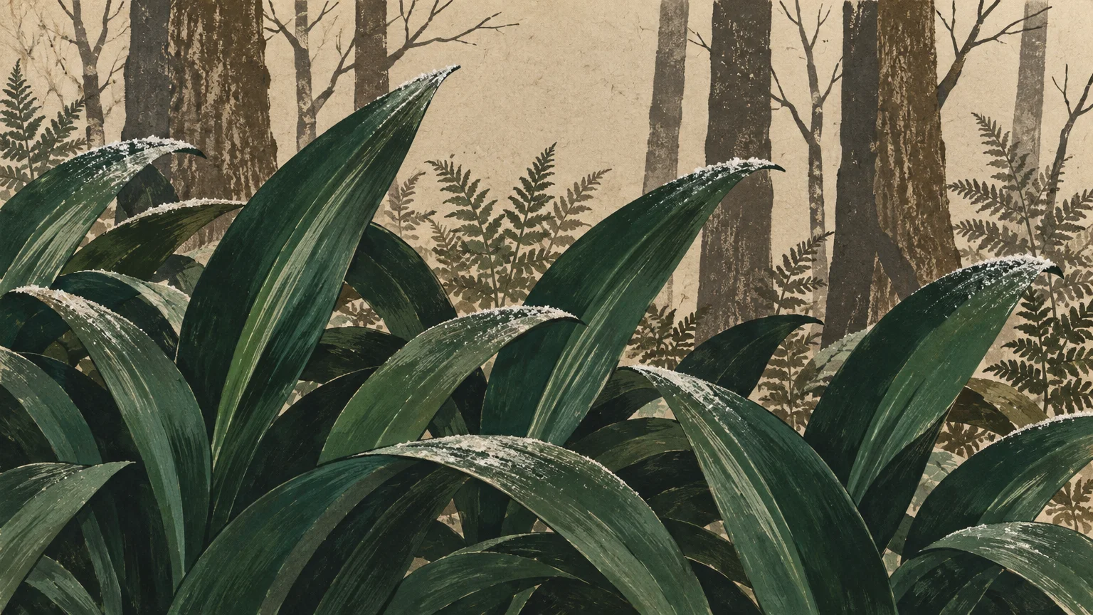Illustration of broad green leaves dusted with snow against a backdrop of ferns and bare winter trees.