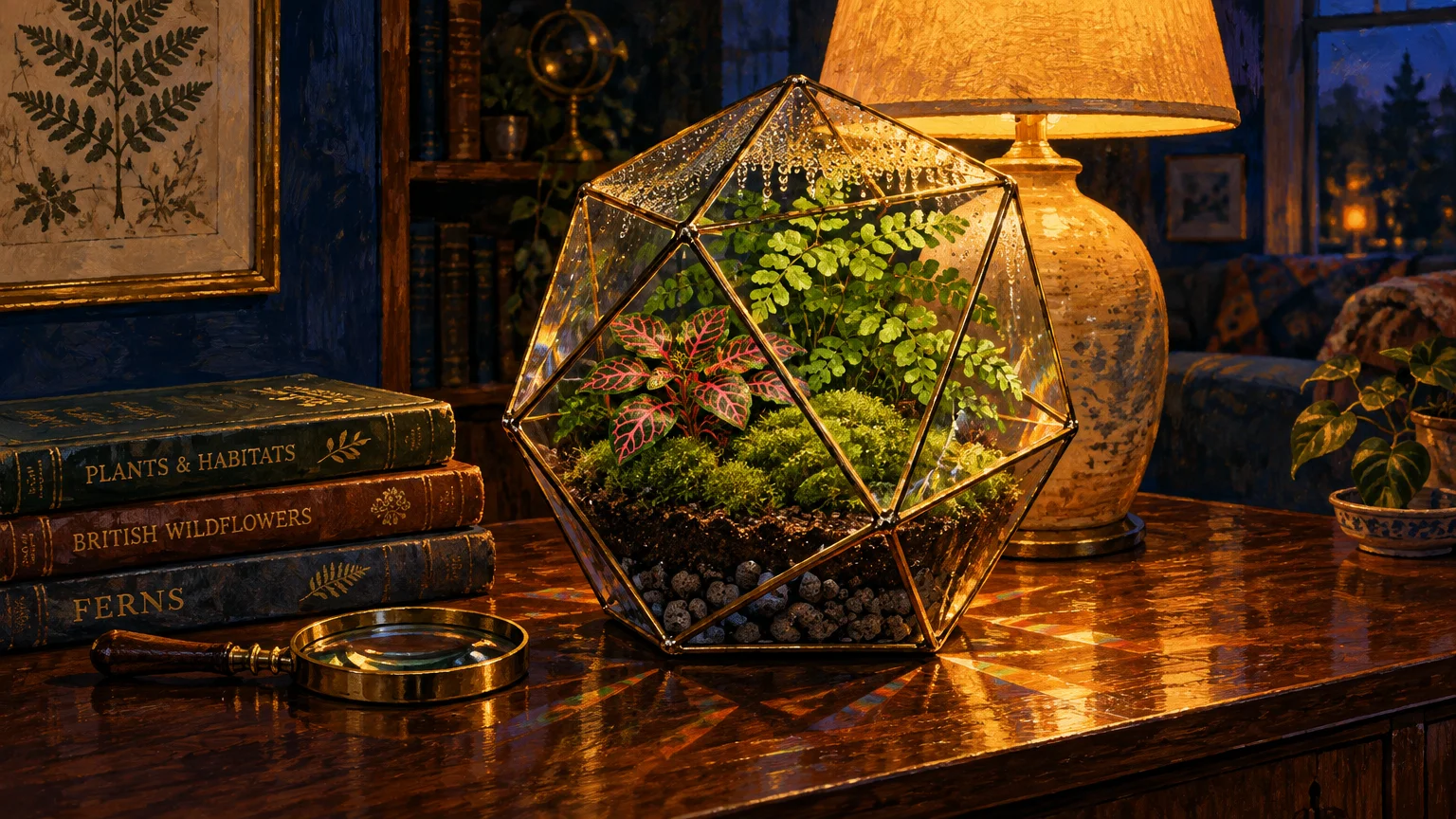 Geometric brass-framed glass terrarium with ferns and moss sitting on a wooden desk next to vintage books and a lamp.