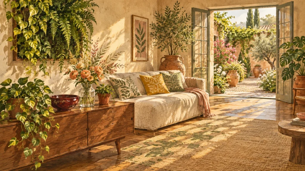 Sunlit rustic living room with houseplants, sofa, and open French doors leading to a blooming garden courtyard.