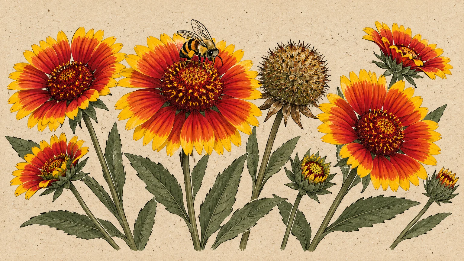 Illustration of red and yellow blanket flowers, green leaves, and a bee pollinating the center bloom on tan paper.