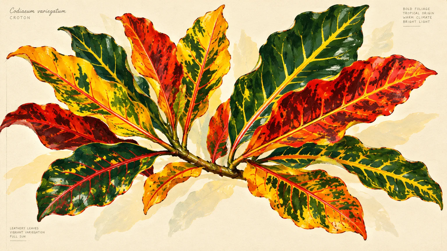 Botanical illustration of croton plant foliage with variegated leaves patterned in green, yellow, and red.
