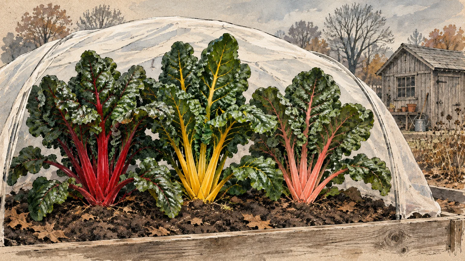 Watercolor of red, yellow, and pink Swiss chard growing inside a raised garden bed under a translucent hoop row cover.