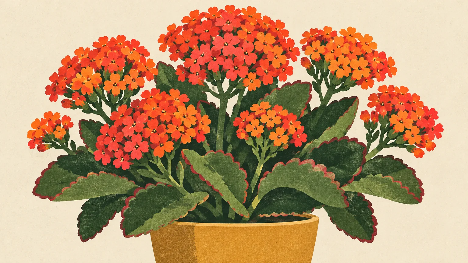 Illustration of a potted kalanchoe plant with clusters of vibrant red-orange flowers and scalloped green leaves.