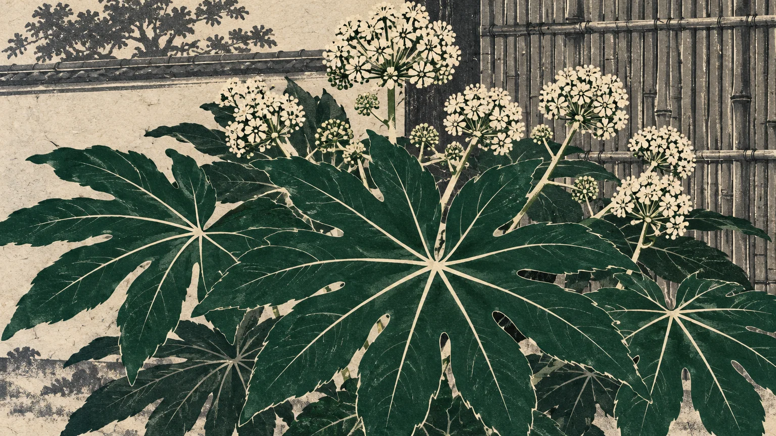 Japanese woodblock style illustration of a Fatsia japonica plant with broad palmate leaves and white spherical flower umbels.