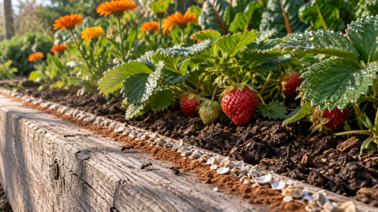 Ants crawl along a wooden raised garden bed lined with powder and crushed shells beside strawberry plants.