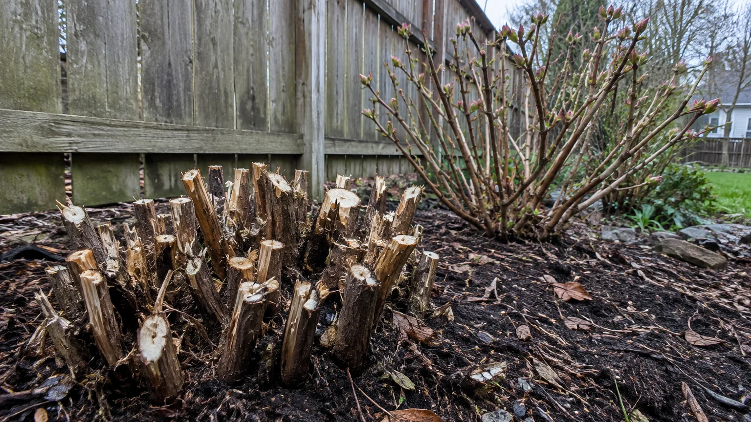 Severely cut plant stems stubbed near the ground in mulch next to a budding bush along a wooden fence.