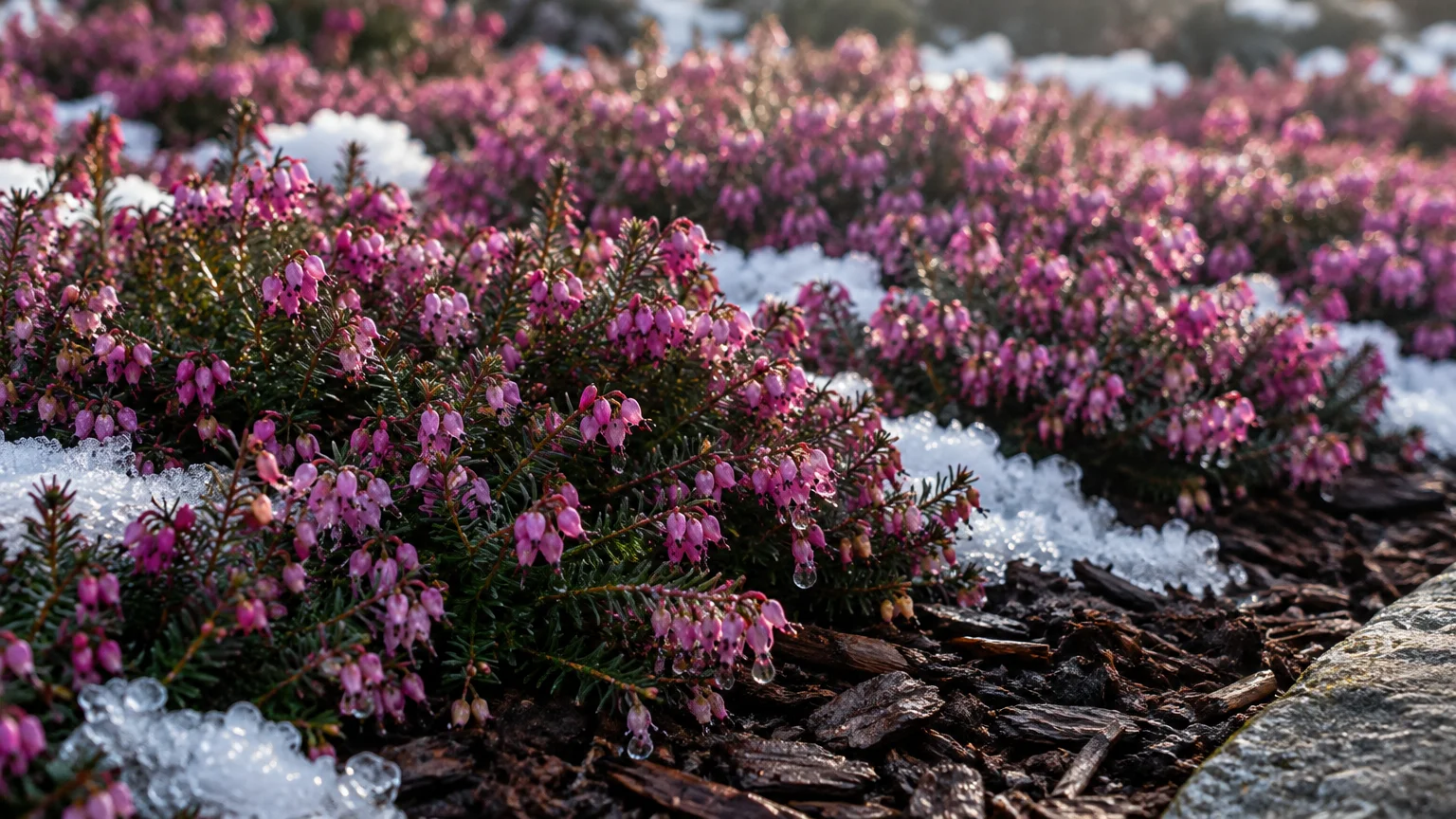 Pink winter heath flowers bloom over dark mulch, surrounded by patches of melting snow and ice.