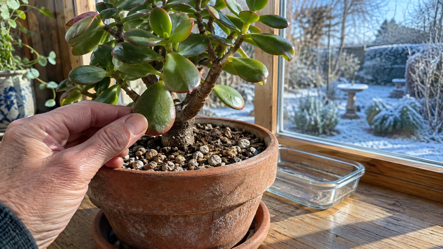 A hand gently touches a leaf of a potted jade plant sitting on a wooden windowsill before a snowy garden view.