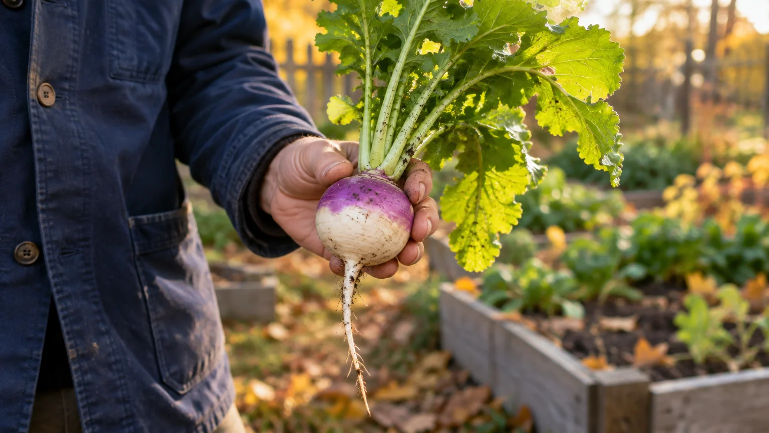 A person holding a freshly harvested purple-top white turnip with lush green leaves in a sunny garden.
