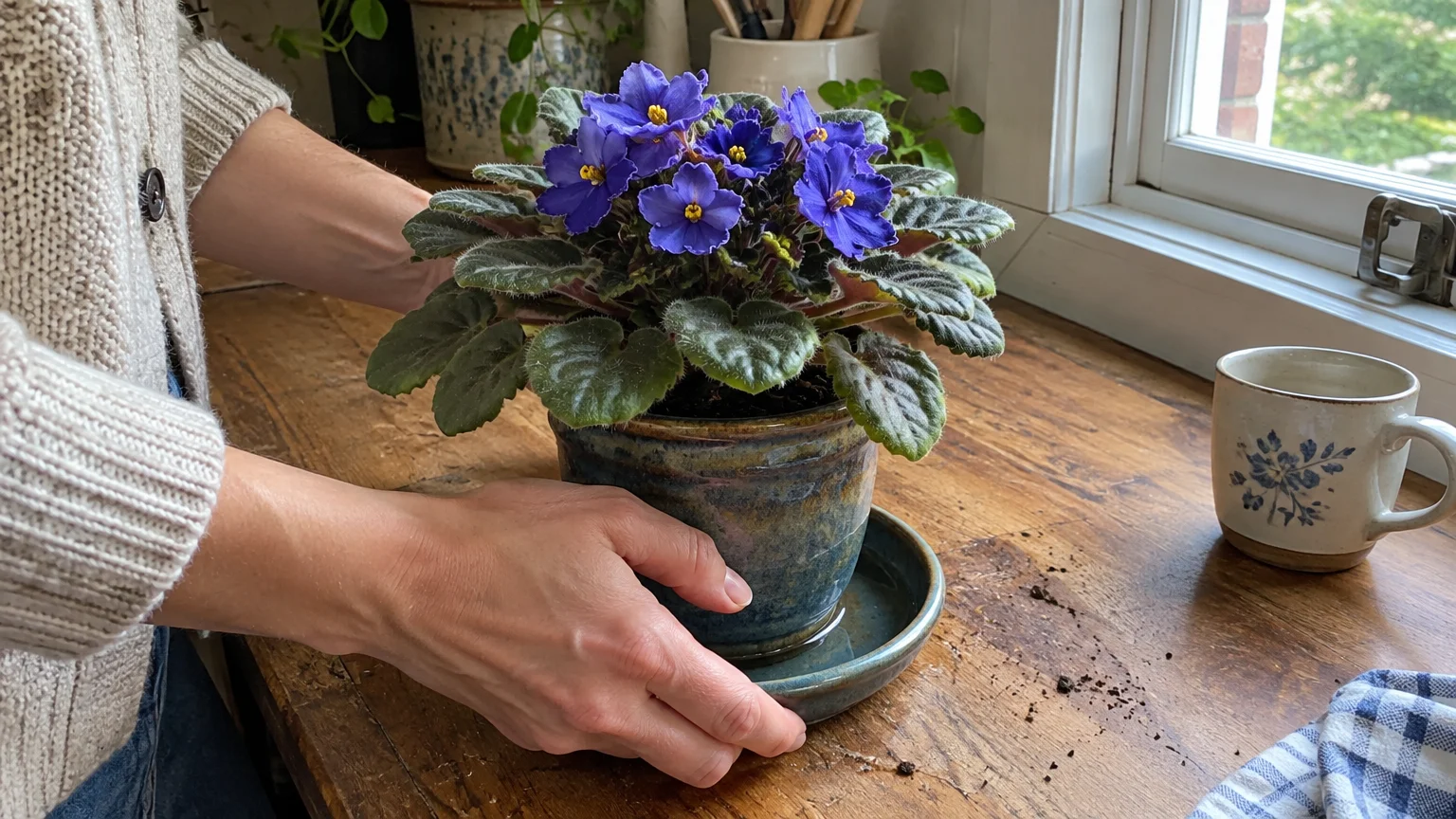 Hands holding a potted blooming African violet sitting in a saucer of water on a wooden windowsill.