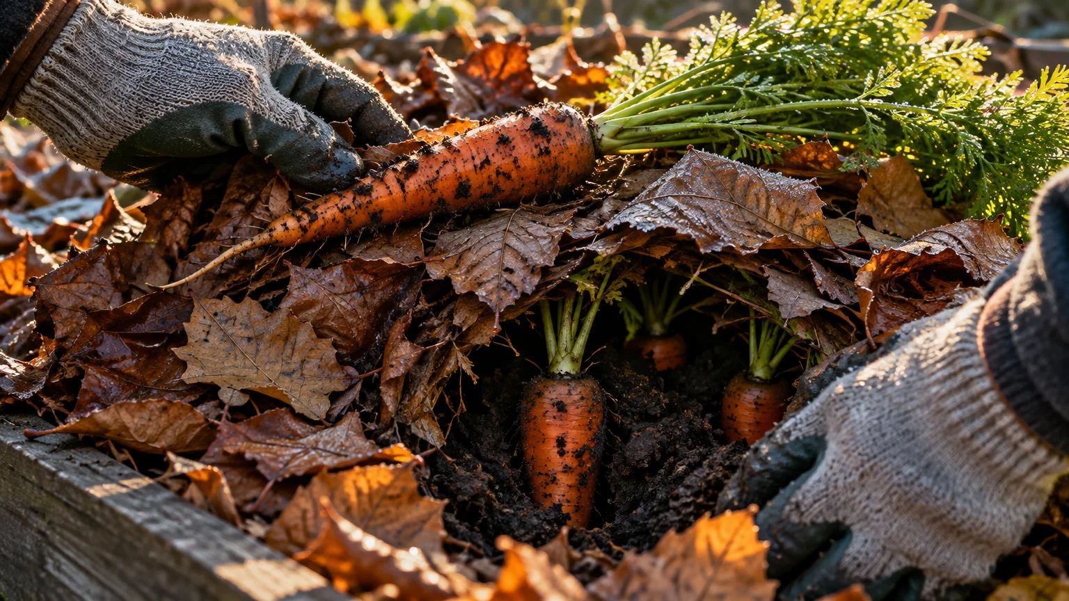 Gloved hands pulling a fresh carrot from soil insulated beneath a thick blanket of brown autumn leaves in a garden bed.