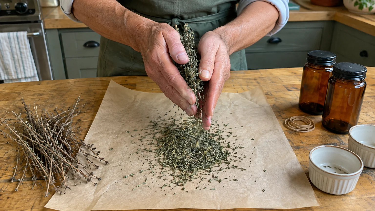 Hands rubbing dried thyme stems together over brown parchment paper, crumbling small leaves into a pile on a wooden table.