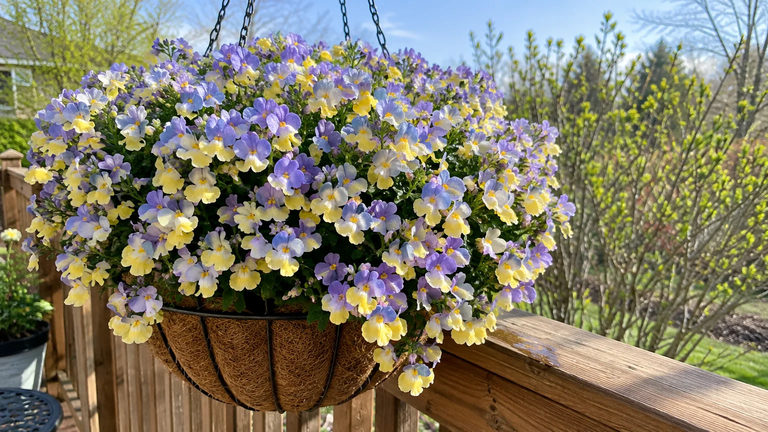A hanging basket with a coco coir liner overflowing with purple and yellow bicolor nemesia flowers on an outdoor deck.