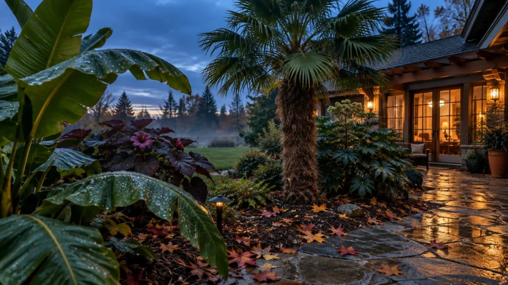 Palm tree and lush broadleaf tropical plants beside a wet stone patio and glowing home exterior at dusk.