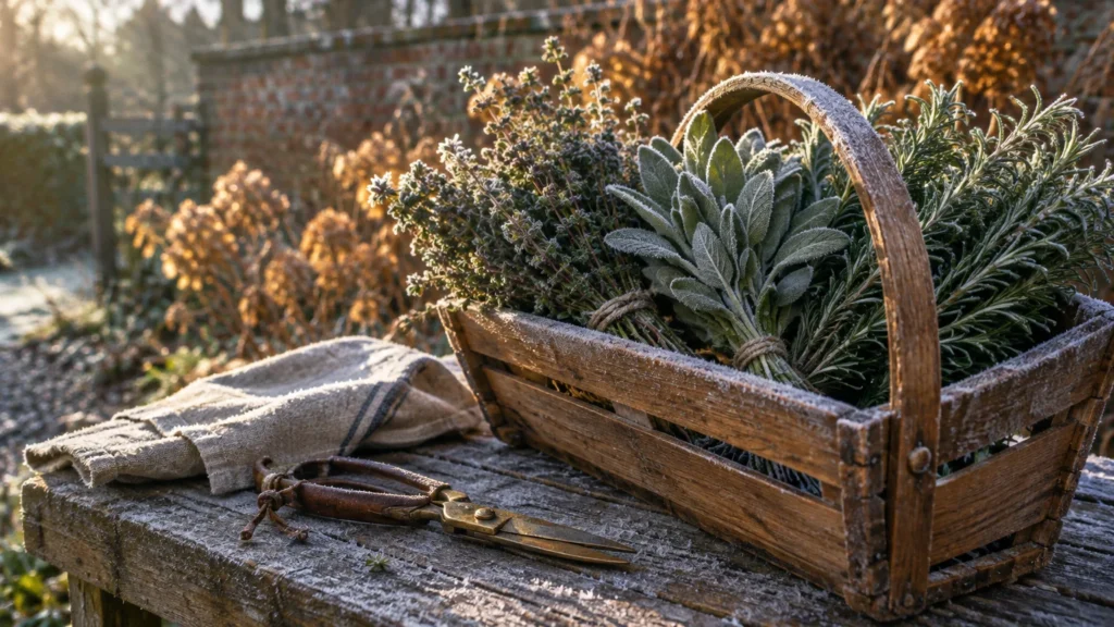 Frost-covered herbs including sage and rosemary in a wooden trug beside shears on a weathered wooden garden bench.