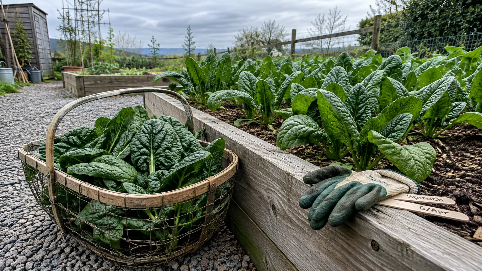 Wire basket filled with harvested spinach leaves next to a raised wooden garden bed of growing spinach.