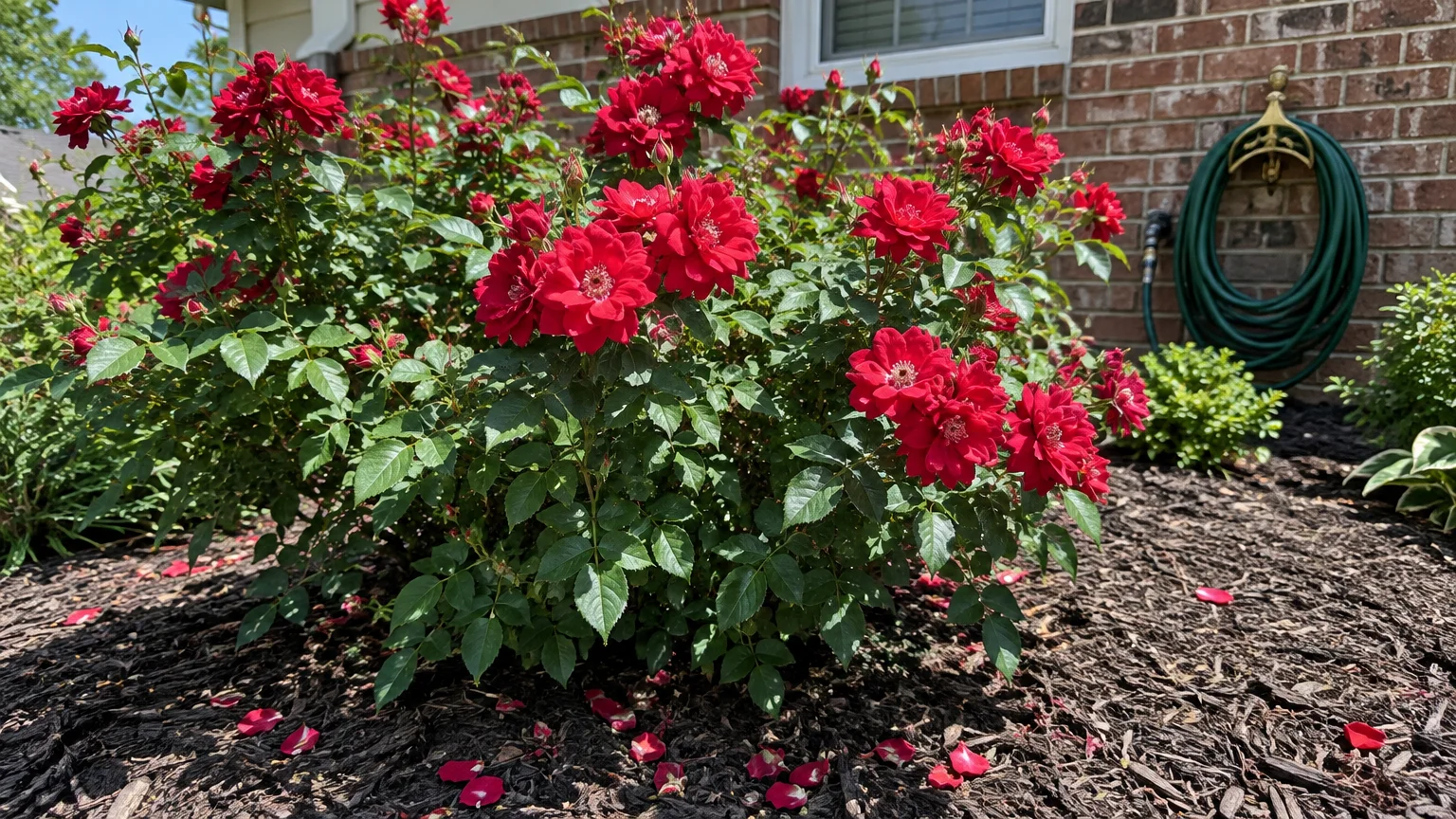 Red rose bush in full bloom planted in a dark mulch garden bed against a brick house with a coiled green garden hose.