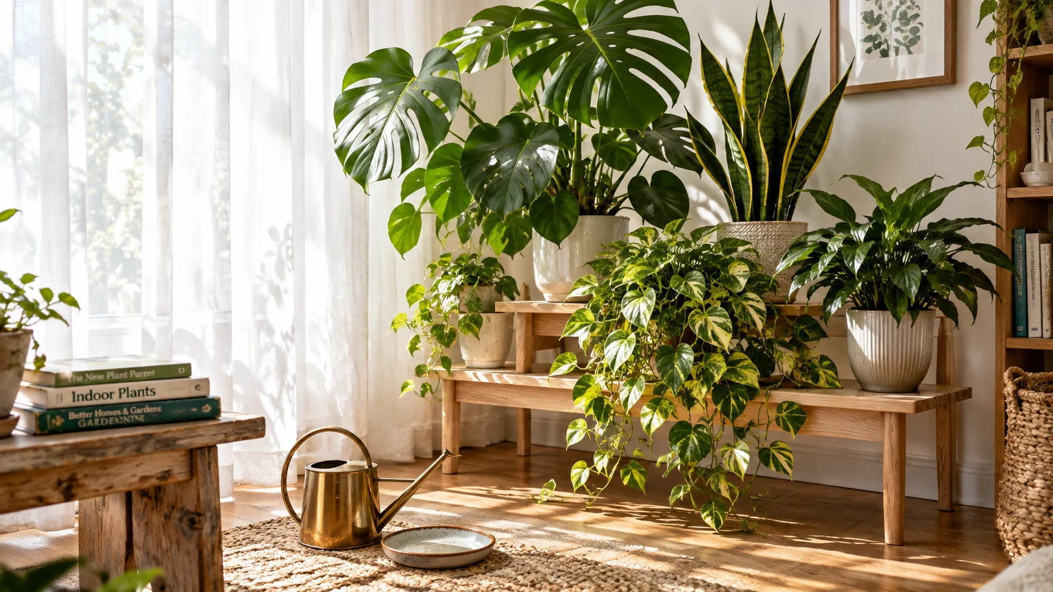 Potted houseplants, including a large monstera and snake plant, arranged on a wooden bench beside a watering can.