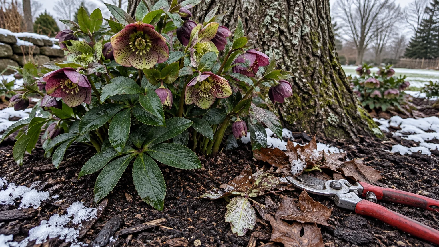 Blooming purple and green speckled hellebores by a tree base with pruning shears resting on mulch and light snow.