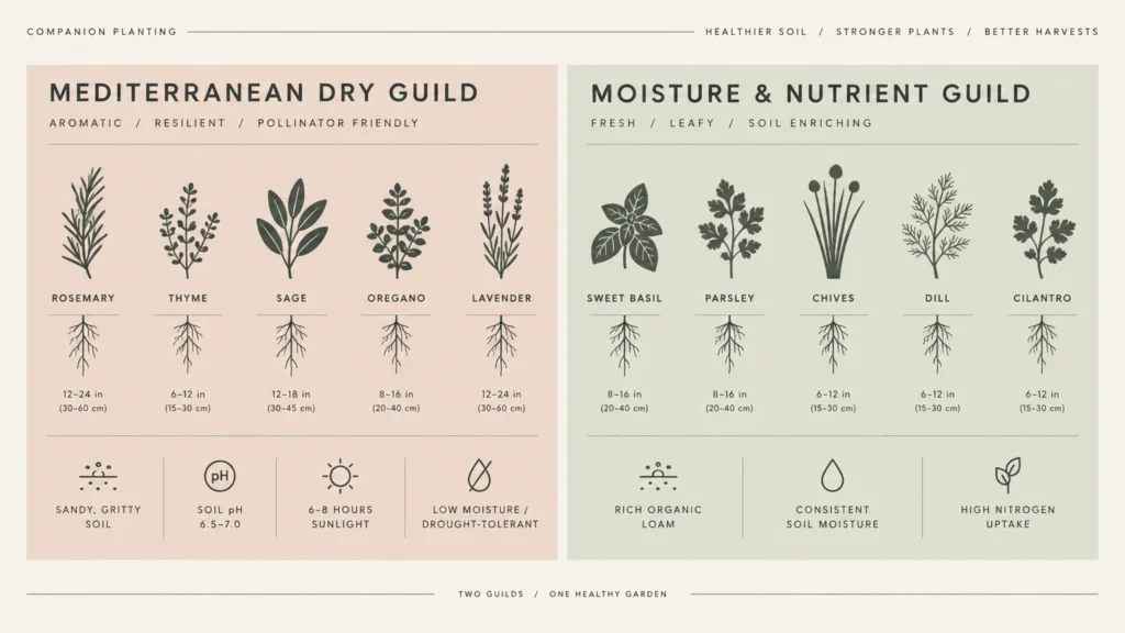 Infographic dividing ten companion herbs into a Mediterranean Dry Guild and a Moisture and Nutrient Guild with growing needs.