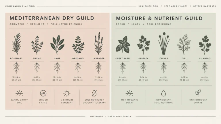 Infographic dividing ten companion herbs into a Mediterranean Dry Guild and a Moisture and Nutrient Guild with growing needs.