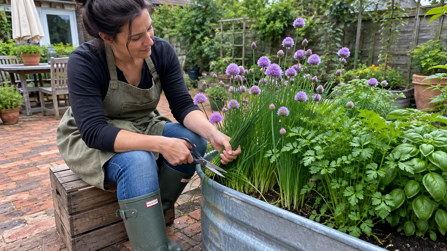 A woman in an apron trims flowering chives with scissors in a metal raised bed planted with herbs on a patio.