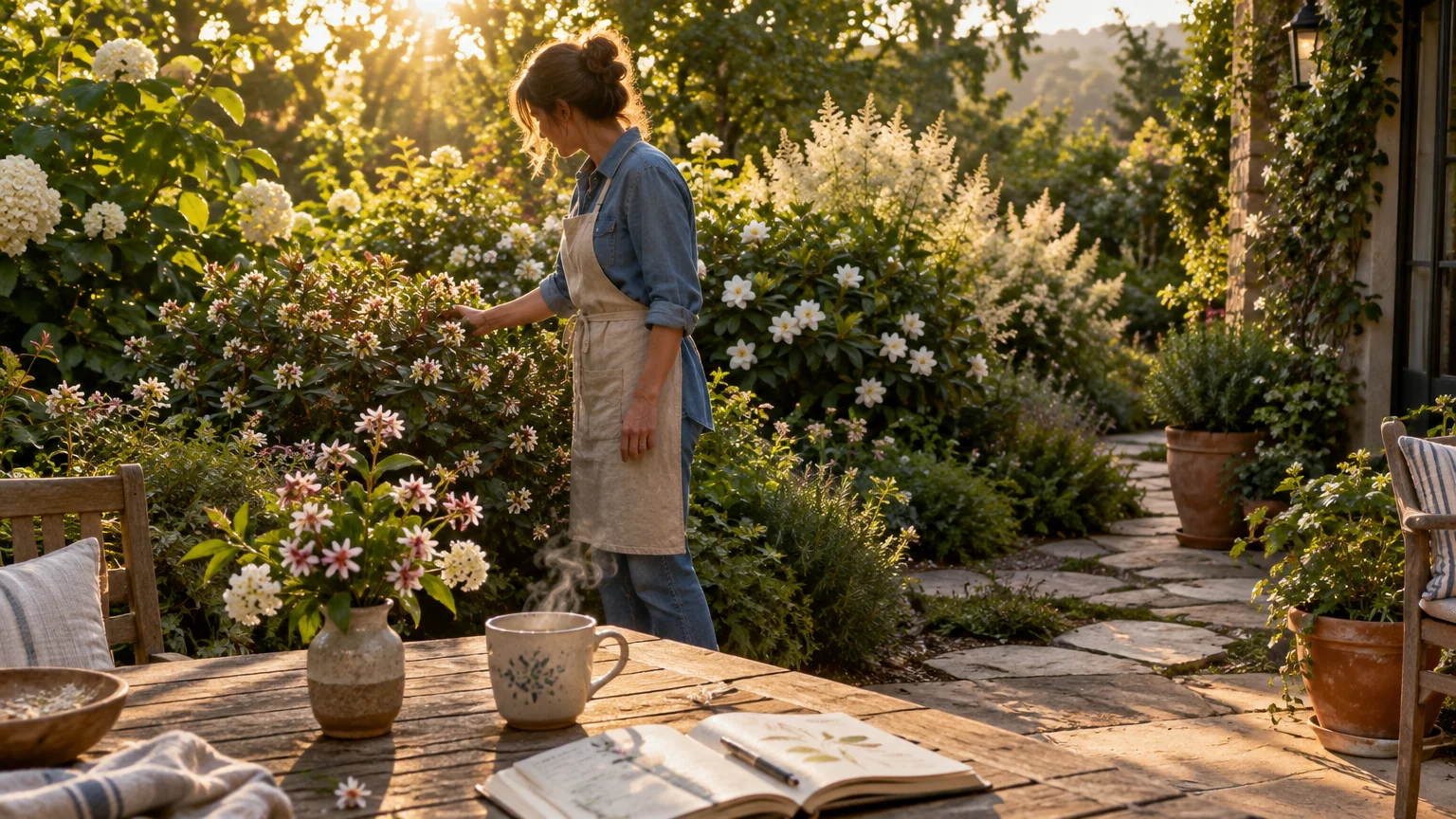A woman in an apron touches flowering shrubs along a stone patio path near a wooden outdoor dining table.