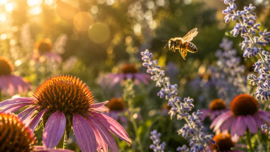 A honeybee flies toward purple coneflowers and lavender blossoms in warm golden sunlight.