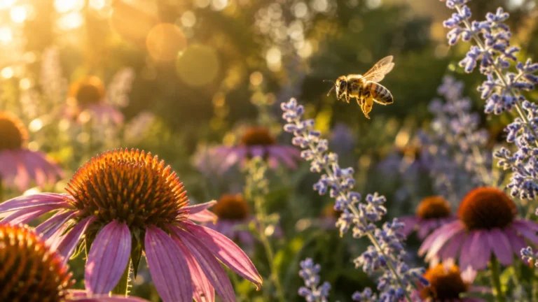A honeybee flies toward purple coneflowers and lavender blossoms in warm golden sunlight.