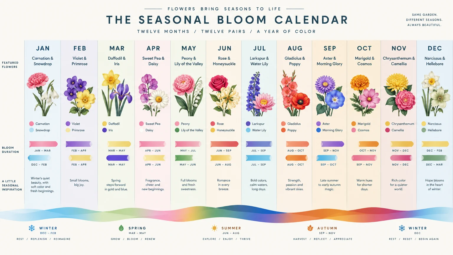Chart showing twelve monthly columns with featured flower pairs, bloom durations, and seasonal inspiration from January to December.