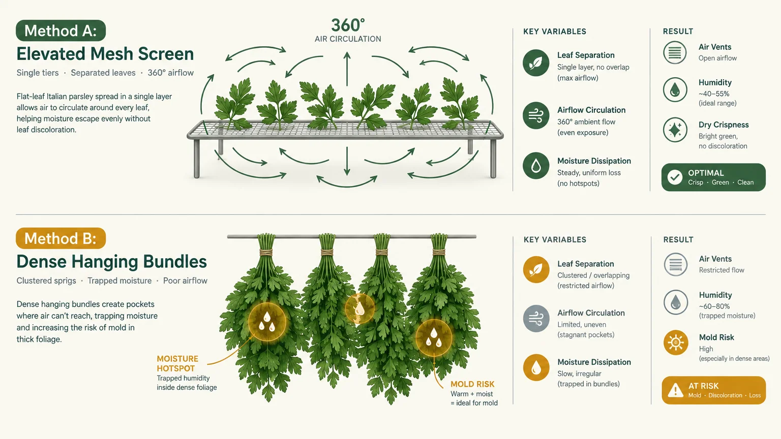 Diagram comparing drying flat-leaf parsley on an elevated mesh screen versus hanging in dense bundles.