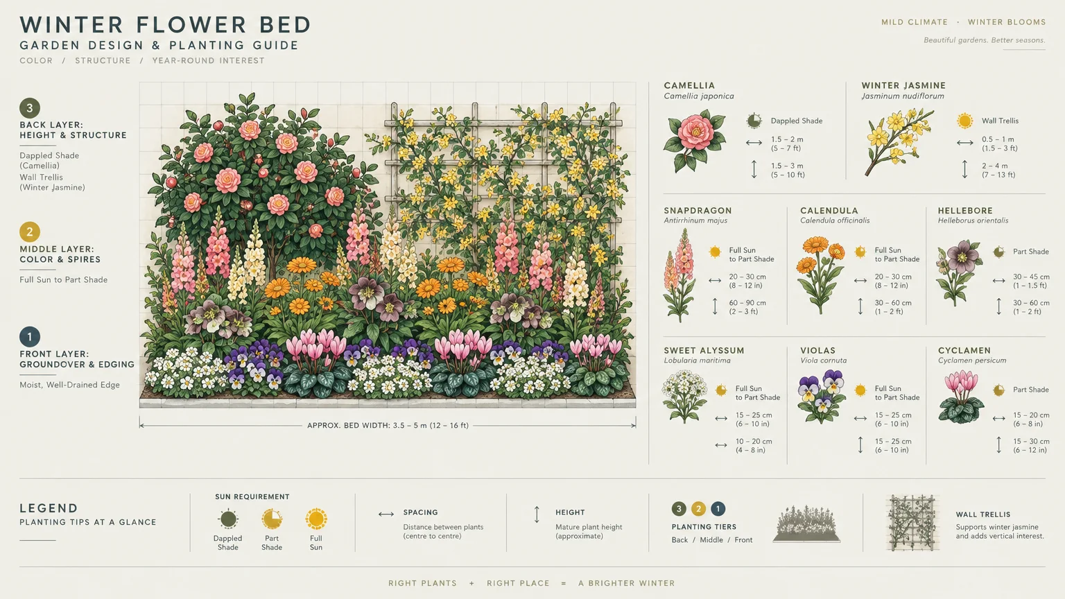 Garden design planting guide diagram showing three layers of winter flowers with spacing, height, and sunlight needs.