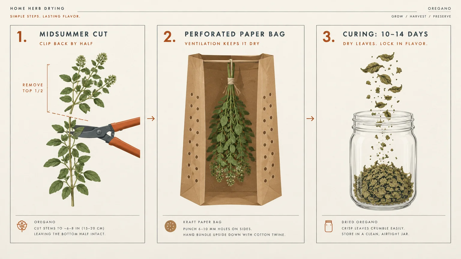 Three-step diagram showing cutting oregano stems by half, hanging a bundle inside a perforated paper bag, and jarring leaves.