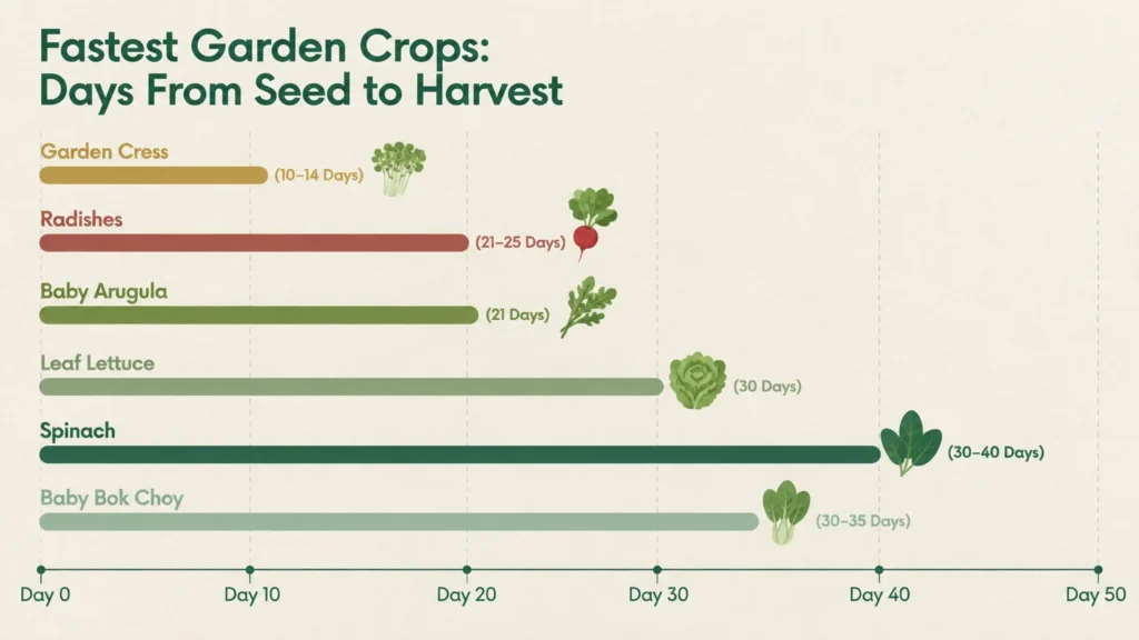 Horizontal bar chart comparing days from seed to harvest for garden cress, radishes, arugula, lettuce, spinach, and bok choy.