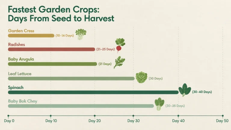 Horizontal bar chart comparing days from seed to harvest for garden cress, radishes, arugula, lettuce, spinach, and bok choy.