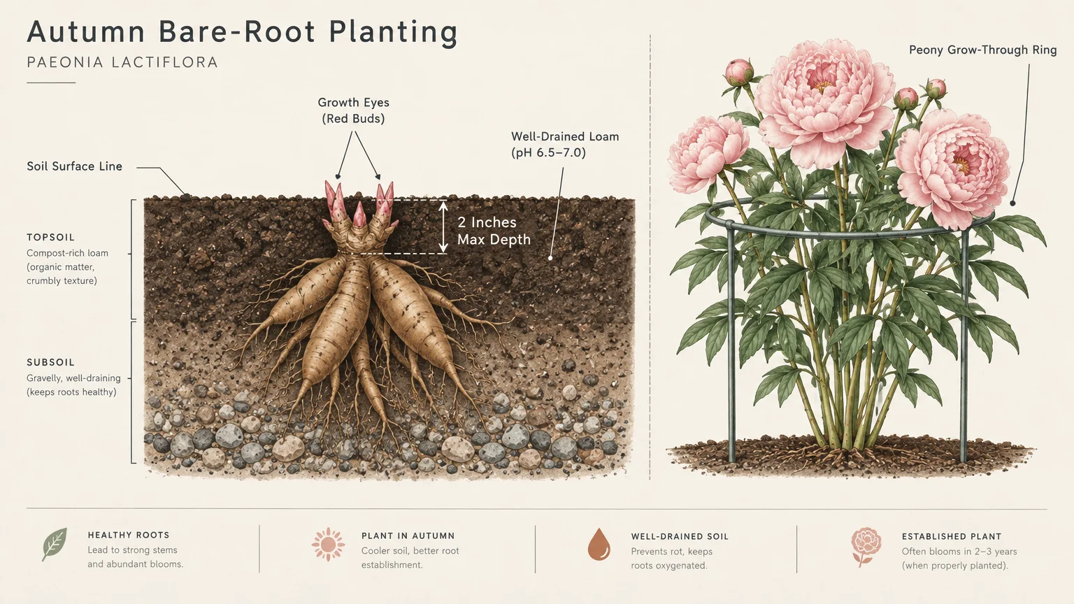 Planting diagram showing bare-root peony depth under soil beside a mature flowering peony plant supported by a ring.