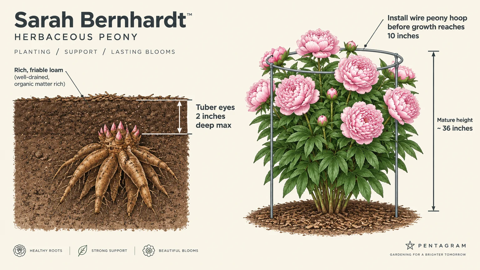 Diagram showing peony tuber planting depth beside a blooming pink peony bush supported by a circular wire hoop.