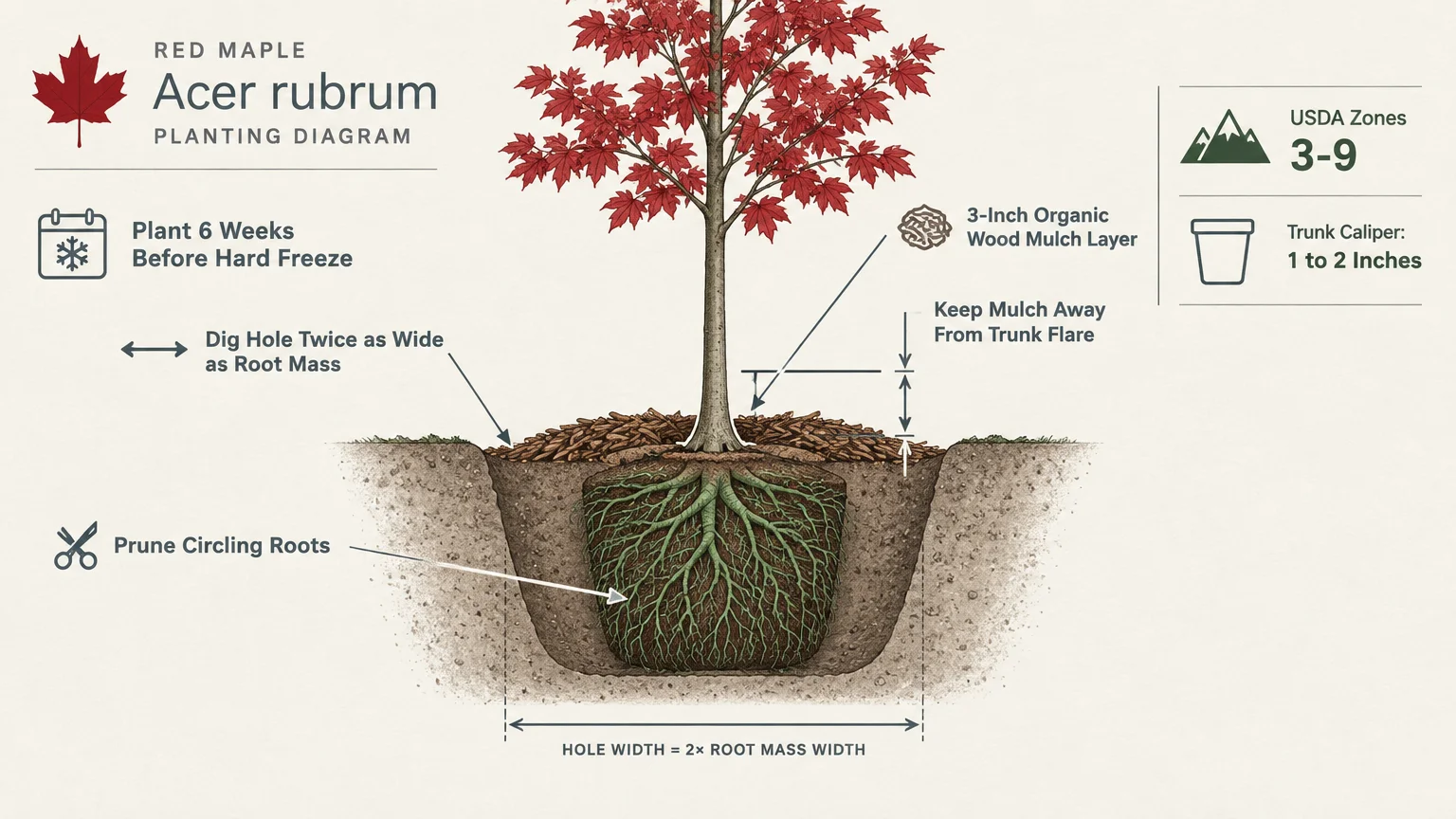 Planting diagram for a red maple tree showing hole dimensions, root depth, and mulch placement away from the trunk flare.
