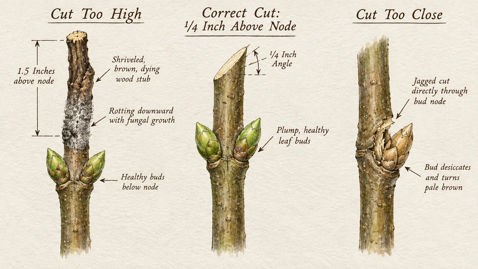 Botanical diagram comparing pruning cuts on three plant stems: cut too high, correct angled cut, and cut too close.