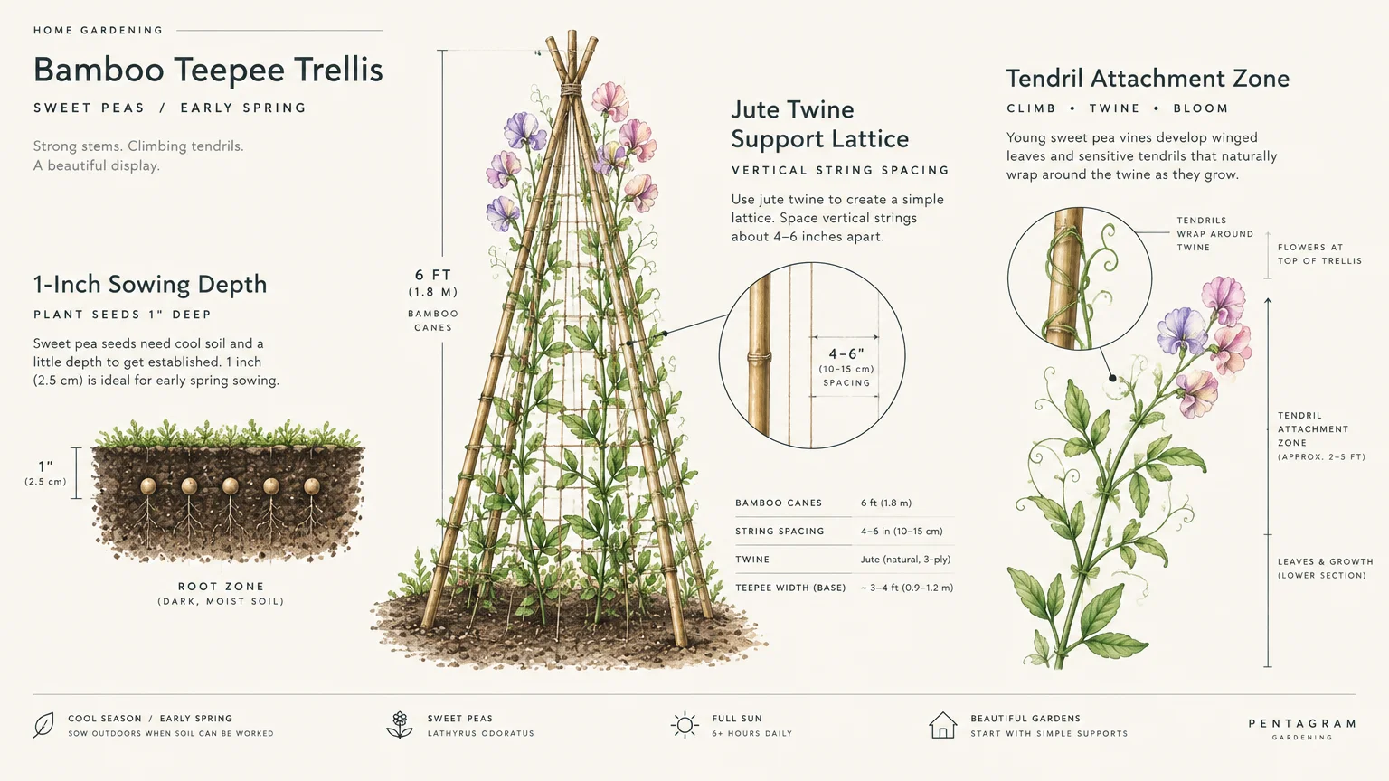 Botanical infographic showing sweet pea seed sowing depth, a bamboo teepee trellis with twine, and climbing vine tendrils.