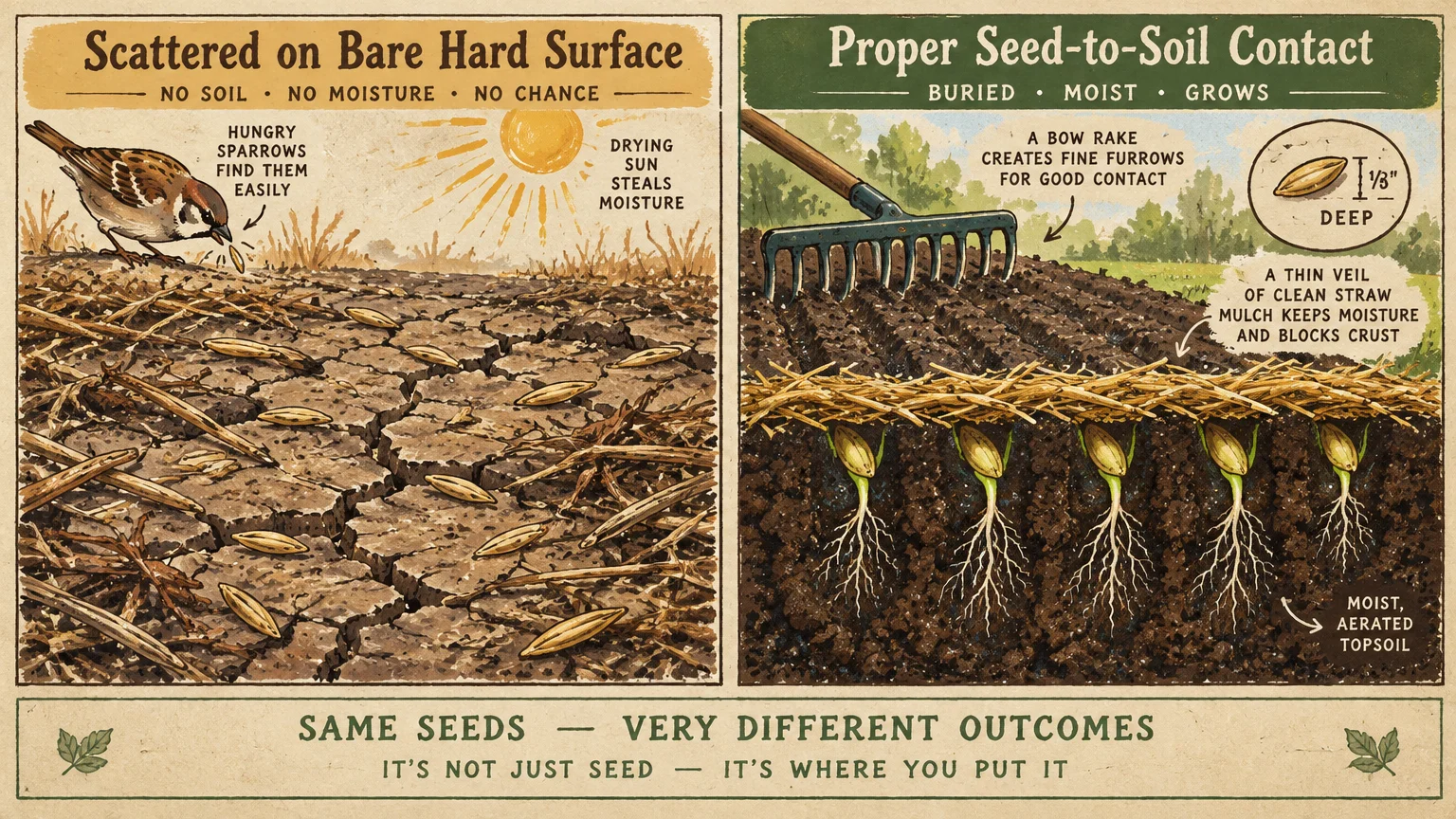Diagram comparing seeds on dry, cracked dirt eaten by a bird versus seeds properly planted and rooting in raked soil.