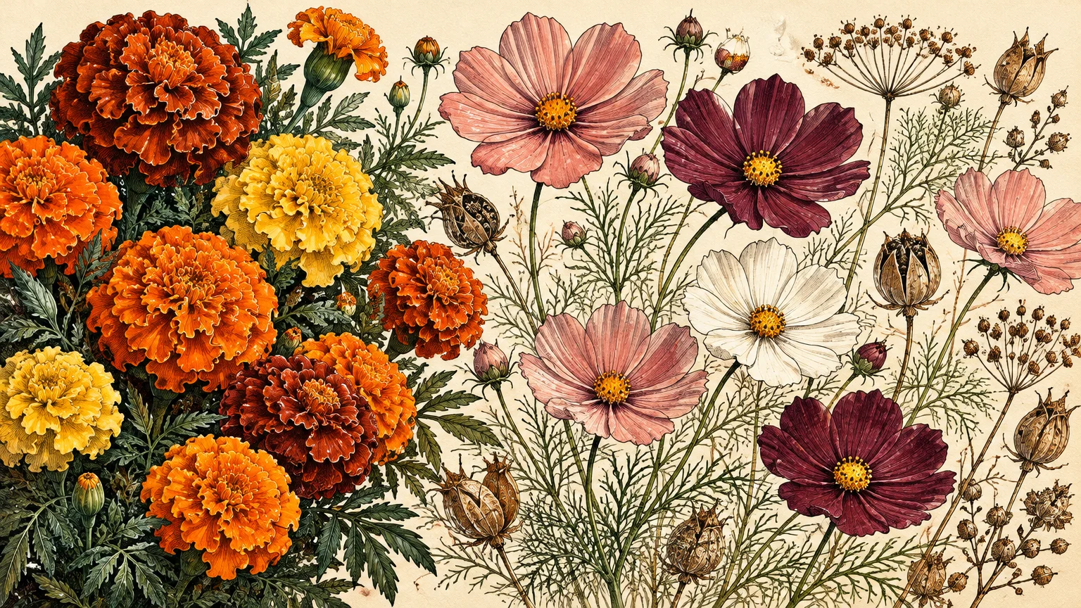 Botanical illustration of yellow and orange marigolds on the left, beside pink, burgundy, and white cosmos flowers on the right.