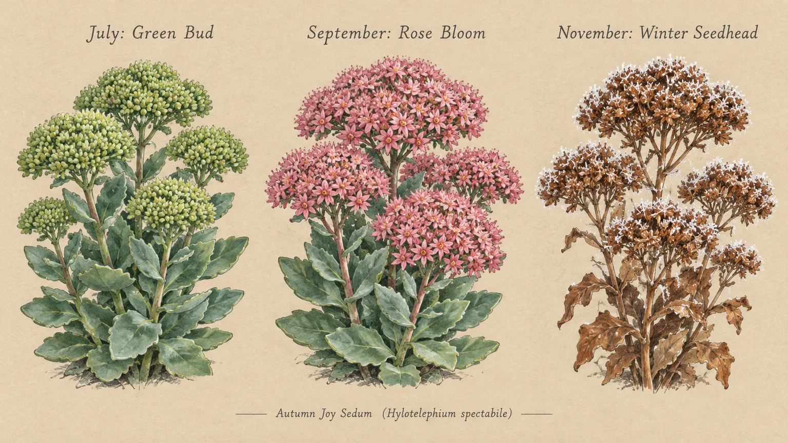 Illustration of Autumn Joy sedum in three stages: July green buds, September pink blooms, and November frosted seedheads.