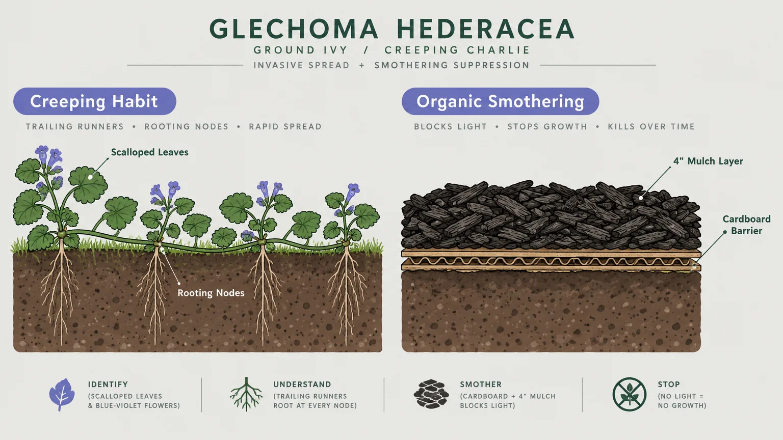Diagram illustrating ground ivy's creeping habit with rooting nodes alongside an organic smothering layer of cardboard and mulch.