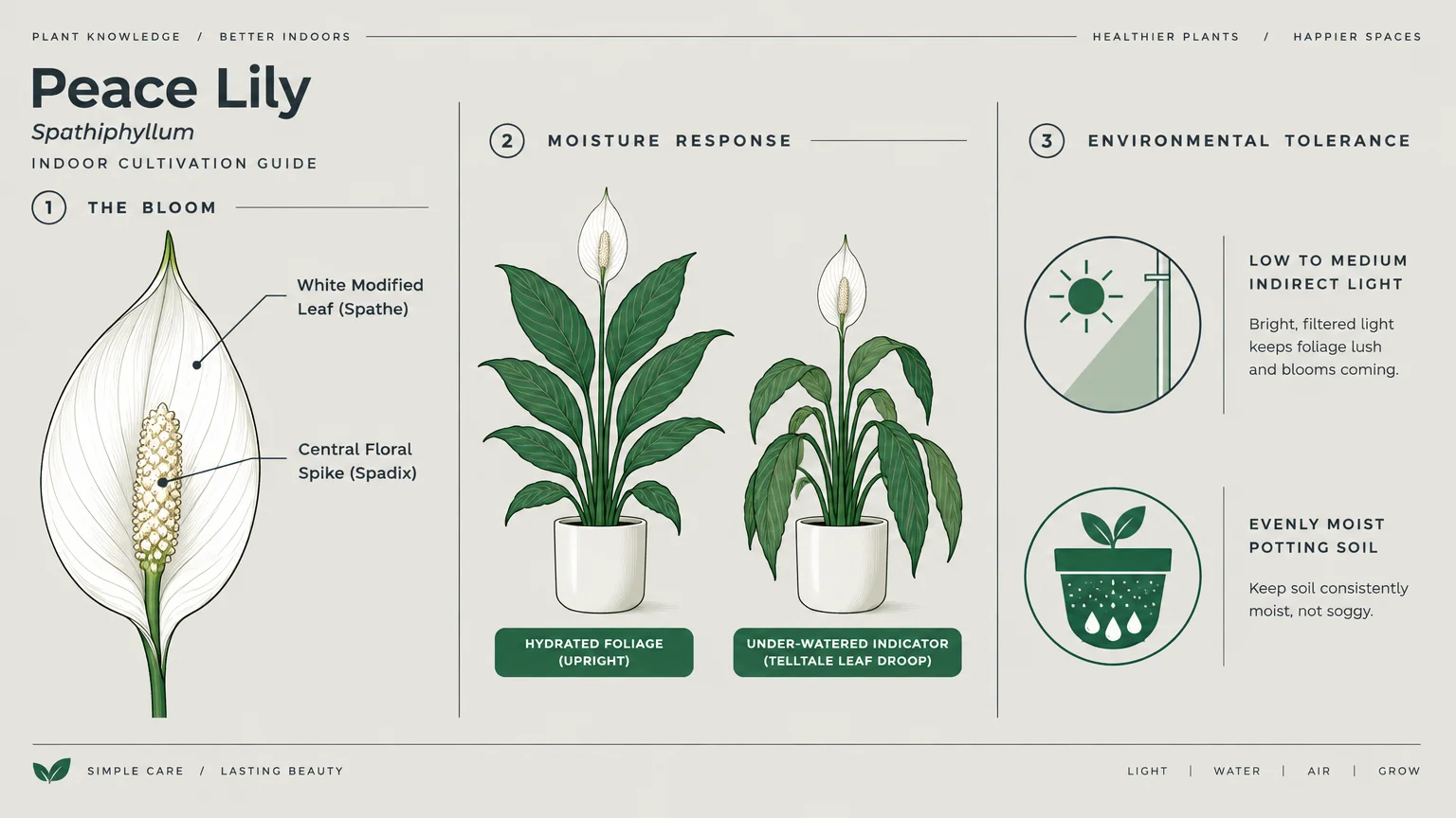 Diagram showing peace lily anatomy, moisture response with upright versus drooping leaves, and environmental tolerance.