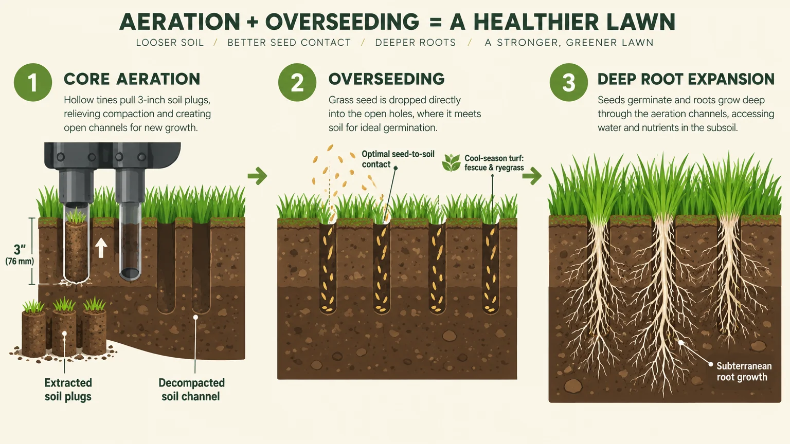 Three-step diagram showing core aeration pulling soil plugs, grass seed dropped into holes, and deep root expansion.