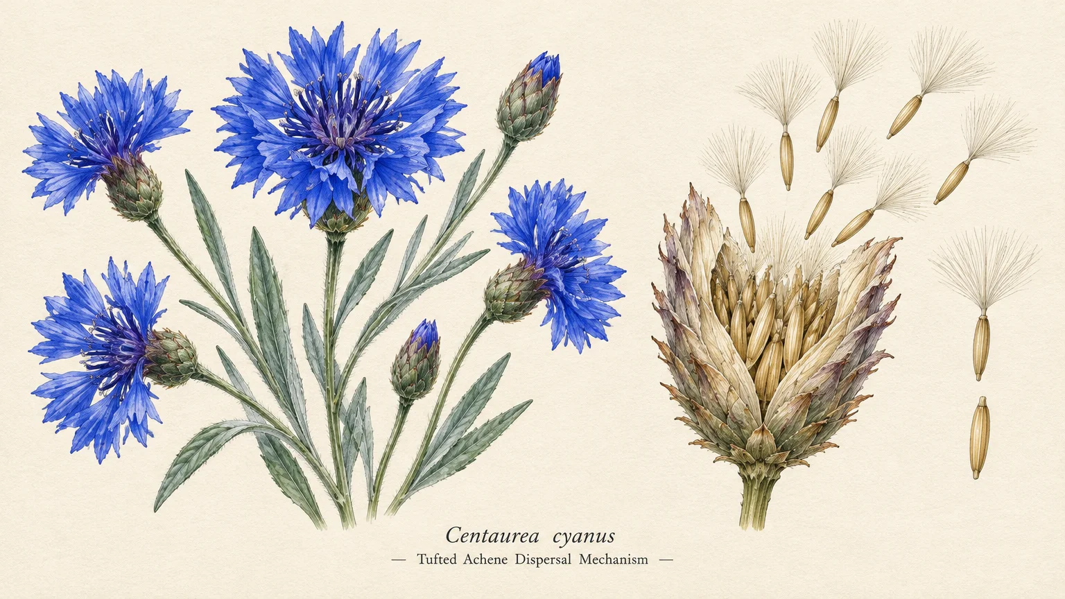 Botanical illustration of blue Centaurea cyanus blossoms alongside a seed head releasing tufted achenes.