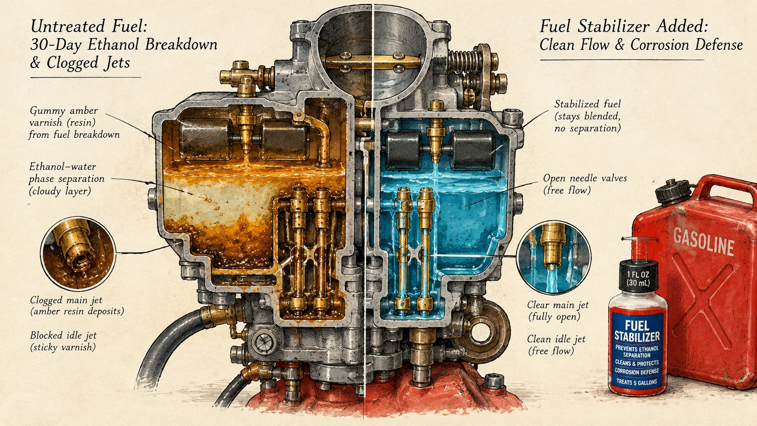 Cutaway illustration comparing a gummed carburetor filled with separated fuel against a clean carburetor with stabilized fuel.